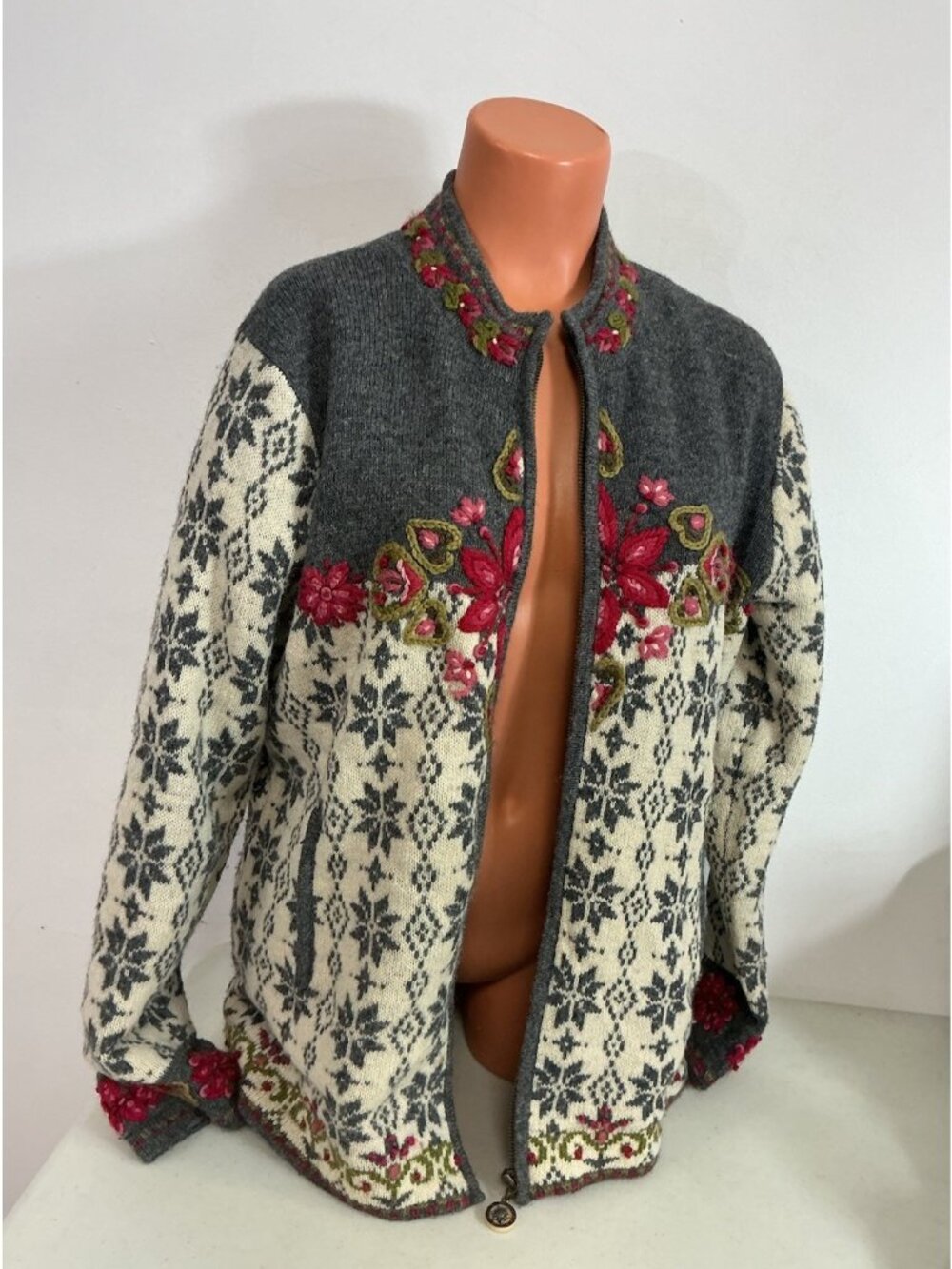 Icelandic Design Wool Sweater Full Zip Floral Embroidered Womens Large